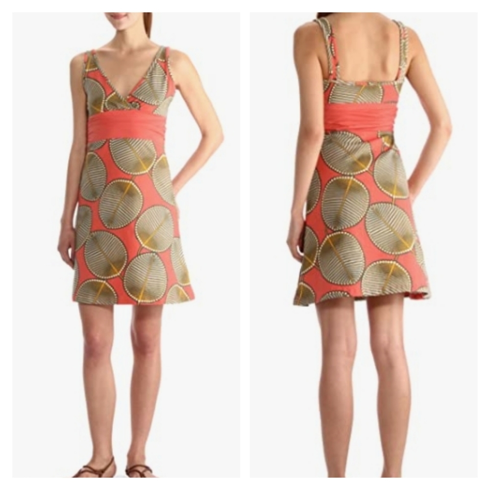 Patagonia Coral and Olive Leaf Print Dress